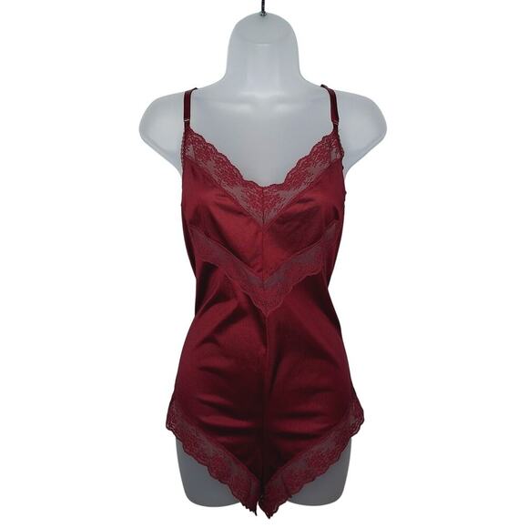 Vintage 80s Formfit Teddy Romper Large 38 Lace Nylon Silky Nightie Burgundy Wine - Picture 1 of 9